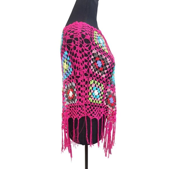 Say What? Crochet Multicolor Fringe Poncho Top One Size 100% Boho Hippie Retro - Picture 3 of 7
